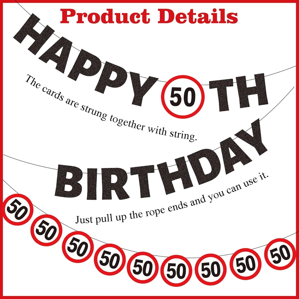 Suministros de fiesta decoraciones cumpleaños 50 - 14 piezas logotipos de precaución pancartas colgantes Foto 3 de 4