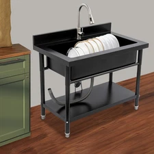 Freestanding Utility Sink Metal Kitchen Sink Single Bowl Sink w/ Pull-out Faucet