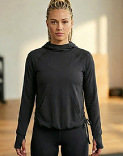 Kyodan Women's Black Activewear Hoodie Gathered Tie Bottom Thumb Holes Size P/S