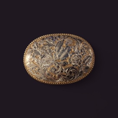 Vintage El Arturo Bronze Belt Buckle by Crumrine Jewelers Floral Scroll-4x3 Inch