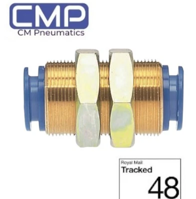 SMC 6mm to 6mm Bulkhead Push in Fitting Brass Body Pneumatic, Air, Water Oil