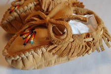 Vintage New Handmade Buckskin Beaded Fringed Baby Moccasins
