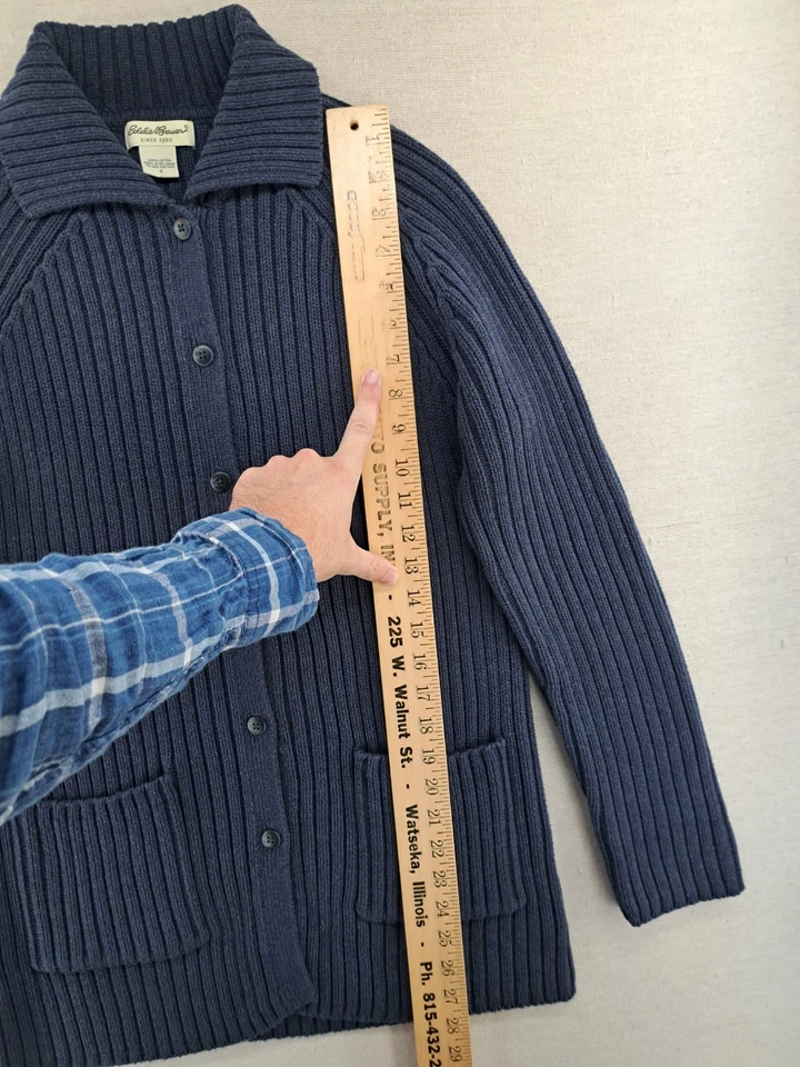 Cárdigan Suéter Eddie Bauer Para Mujer Pequeño Azul Acanalado Cable Tejido Plumero Largo Foto 3 de 4