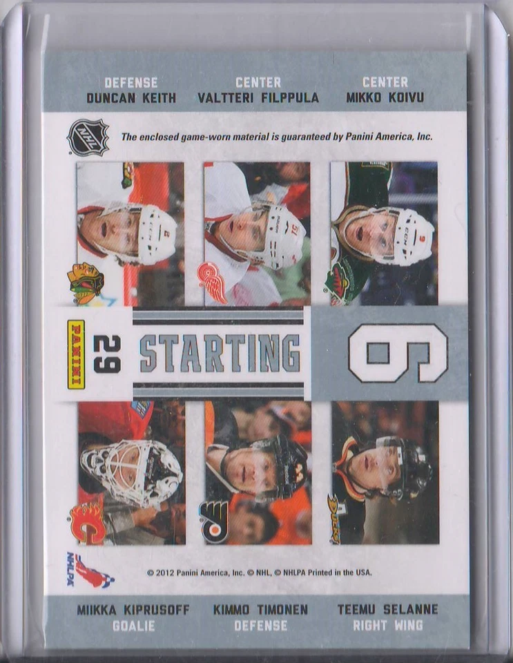 2012-13 PANINI PINNACLE STARTING 6 JERSEY CARD SELANNE KEITH KIPRUSOFF KOIVU #29 - Image 2 of 2