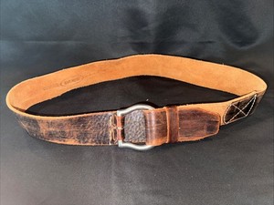 Brave 1992 Brown Italian Leather Belt Men Large Gold Tone Buckle Cognac VTG Brave 1992 Brown Leather Wide Belt With Solid Metal  main image 4