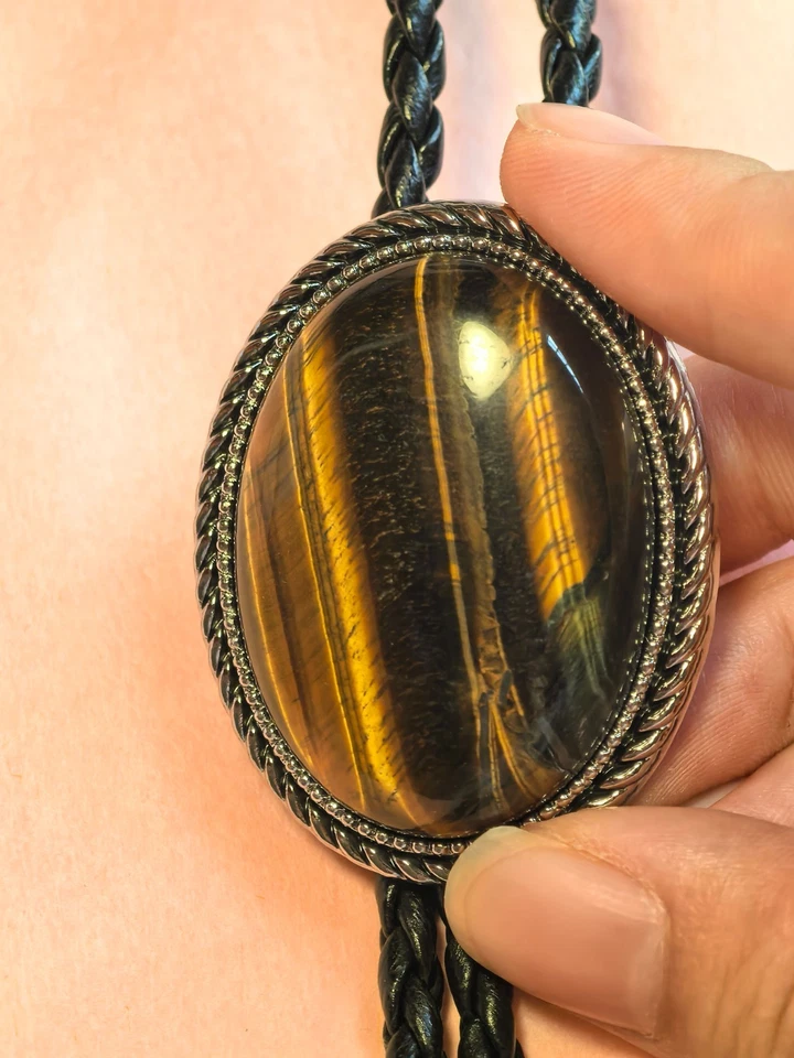 Тигровый глаз камень мужской Bolo галстук свадебное ожерелье PU кожаный веревки Western ковбой - Изображение 3 из 4