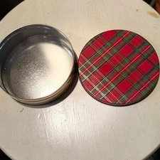 Round Tin Canister Red Green Gold Plaid Holiday Storage Container