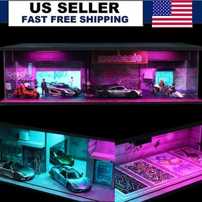 Diorama 1/64 Car Garage Model LED Street Diecast Car Display Cyberpunk Model Toy