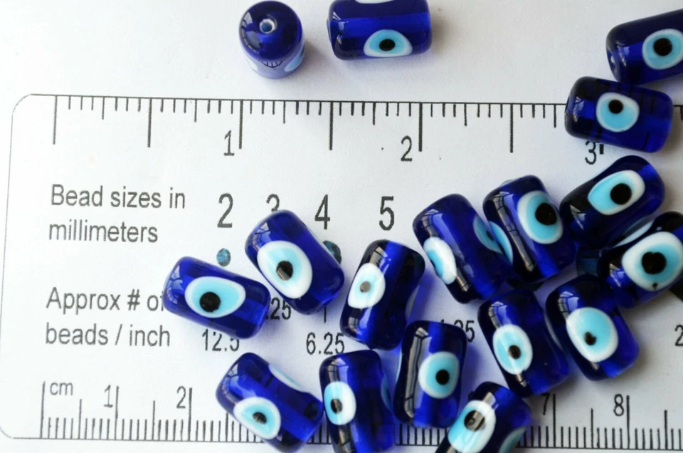 10 Pcs Cylinder Evil Eye Beads Blue 14mm Glass Beads From Turkey Nazar Evil Eye  - Image 4 of 4