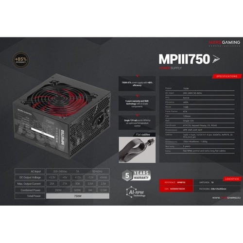 Mars Gaming MPIII750 Alimentatore ATX da 750W - Zdjęcie 6 z 8