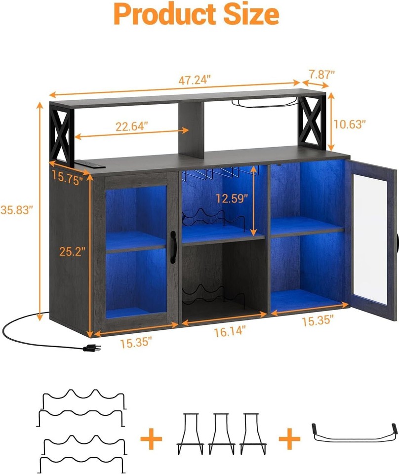 Coffee Bar Table with Power Outlet LED Light Liquor Wine