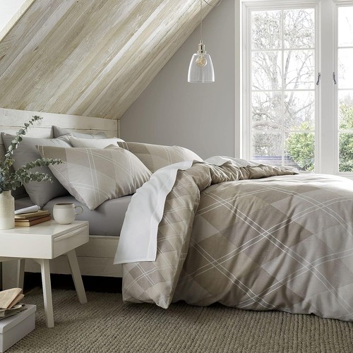 BRUSHED ARGYLE SINGLE,DOUBLE OR KING DUVET SET NATURAL CATHERINE LANSFIELD - Picture 7 of 9