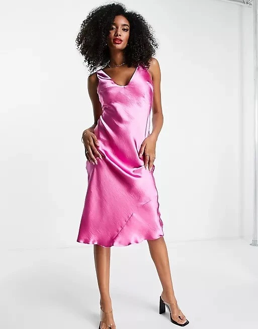 ASOS Bias Cut Satin MIDI Slip Dress VNeck 10 Hot Pink Barbie Core
