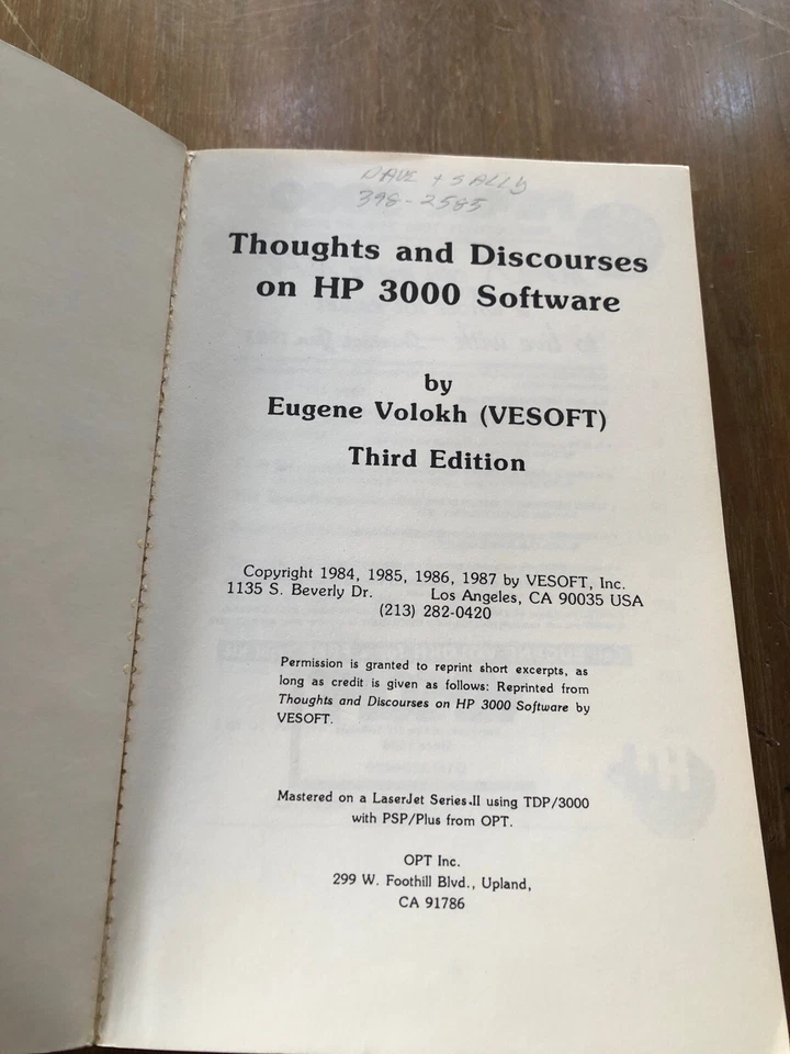 THOUGHTS AND DISCOURSES HP 3000 SOFTWARE Volokh 1987 - Image 3 of 4
