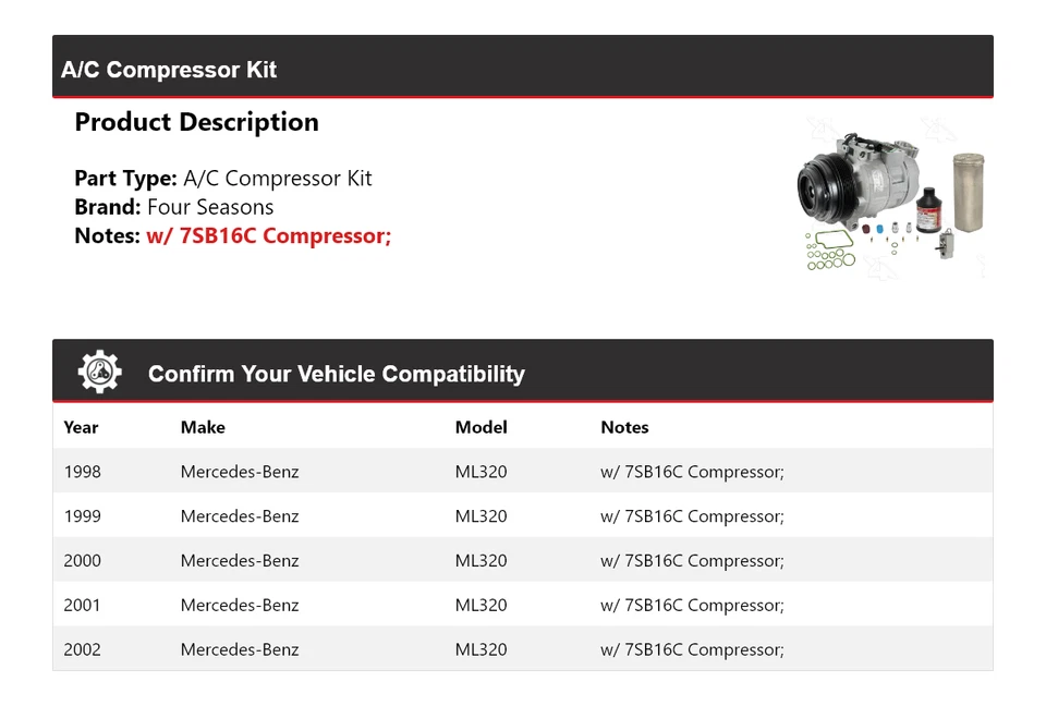 Kit compresor aire acondicionado mercedes-benz ml320 1998-2002 4 estaciones 1999 2000 2001 Foto 2 de 4