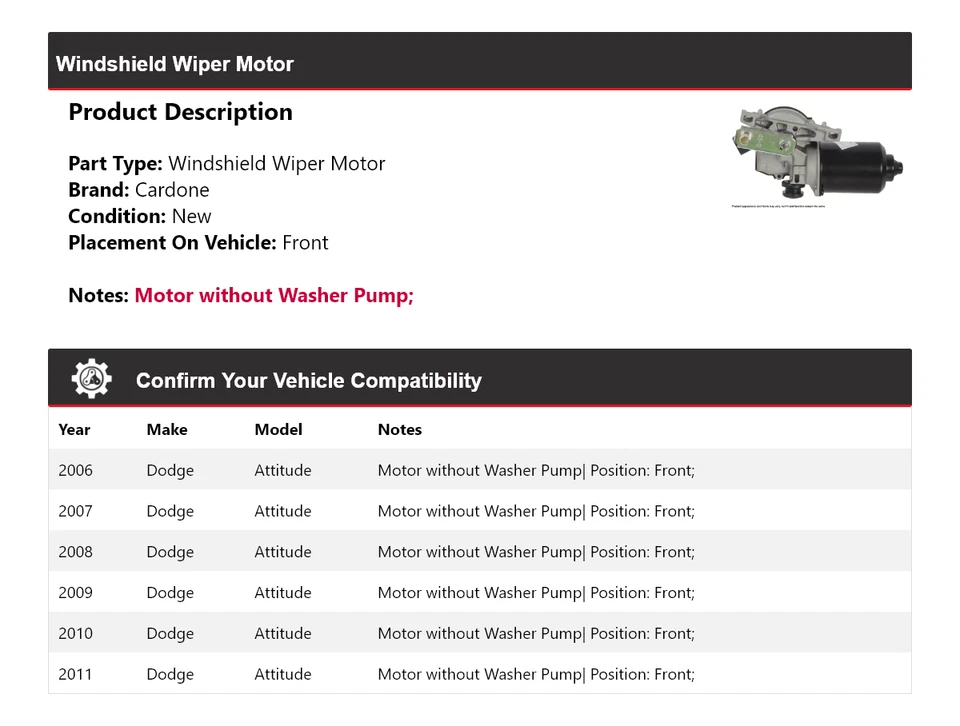 For 2006-2011 Dodge Attitude Windshield Wiper Motor Front Cardone 2007 2008 2009 - Image 2 of 4