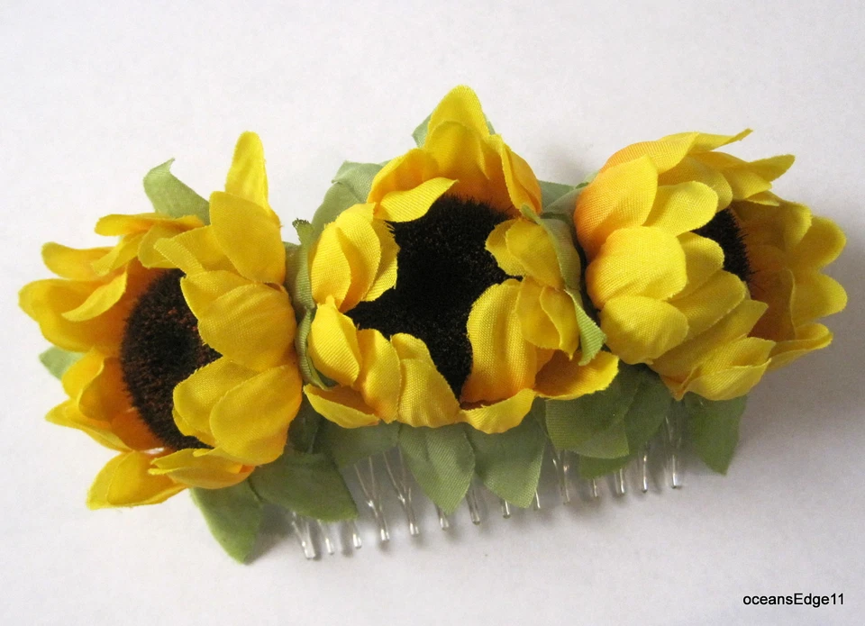 Peine de pelo triple amarillo girasol brote flor de seda, pin up, updo, rockabilly, moño Foto 2 de 2