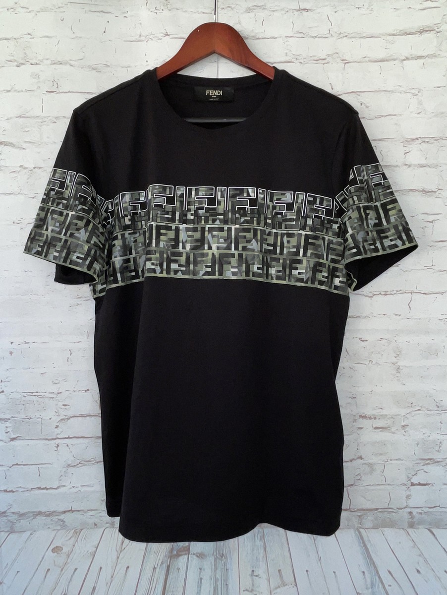 Fendi Men's Slim Fit Camouflage FF Stripe T-Shirt - Black - Large