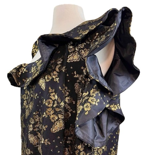 Vestido Nha Khanh Viera Lámina Metálica Hombro Descubierto Floral Volantes Negro Dorado Talla 22 - Imagen 4 de 7