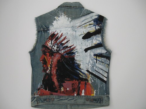 DENIM & SUPPLY RALPH LAUREN Men's Indian Headderss Print Denim Trucker Vest S - Picture 1 of 6