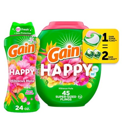 Gain Happy Laundry Bundle: Super Sized Flings Detergent Pacs,...