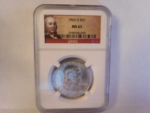 1963 D NGC MS 63 Franklin Half Dollar-Beautiful Lustrous Coin-Portrait Label