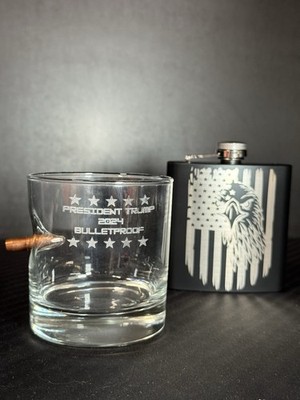 11oz Bullet Trump Glass & American Eagle Flag Flask Set