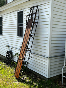 Vintage Wood & Metal Runner Sled w/ Rope, Brown/Black Metal Runners