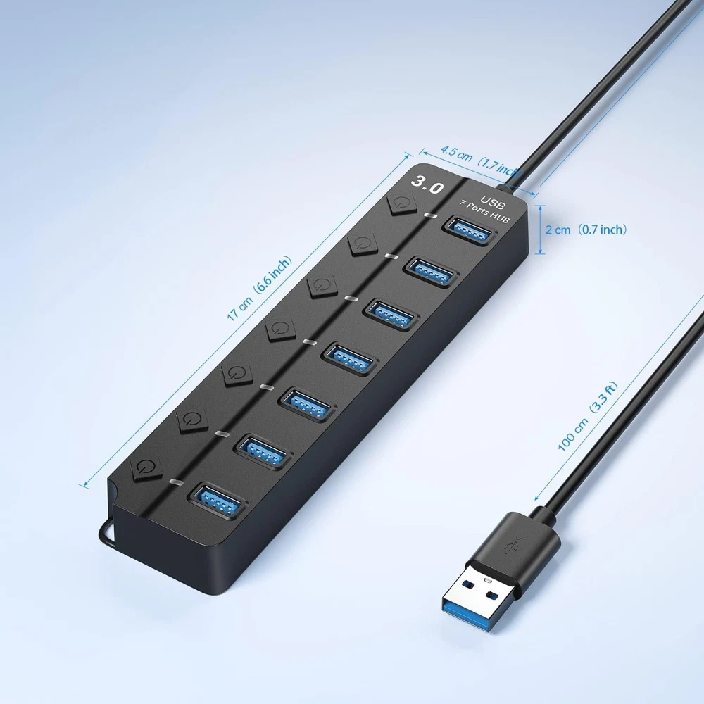 7-Port USB 3.0 Hub with Individual On/Off Switches in Black 7-Port USB 3.0 Hub with Individual On/Off Switches in Black