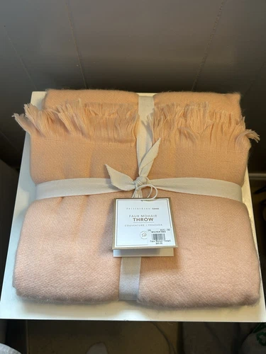 NWT Pottery Barn Teen Faux Mohair Throw Blanket 50"X60" Peachy Pink Fringe Trim