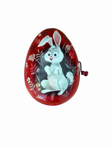 VINTAGE MATTEL TOYMAKERS RED TIN WIND UP EASTER EGG BUNNY MUSIC BOX /1953