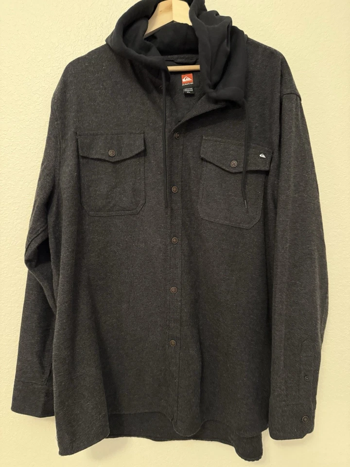 Quiksilver Men’s XL Hooded Flannel Shirt Jacket Charcoal Button Up Midweight - Image 2 of 4