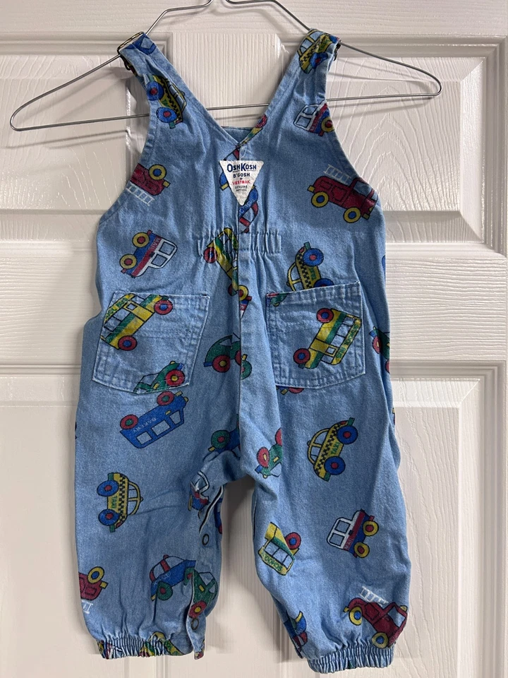 Mono de colección años 90 OshKosh Cars taxi autobús camión de bomberos en azul vaquero Vestbak 12M Foto 2 de 3