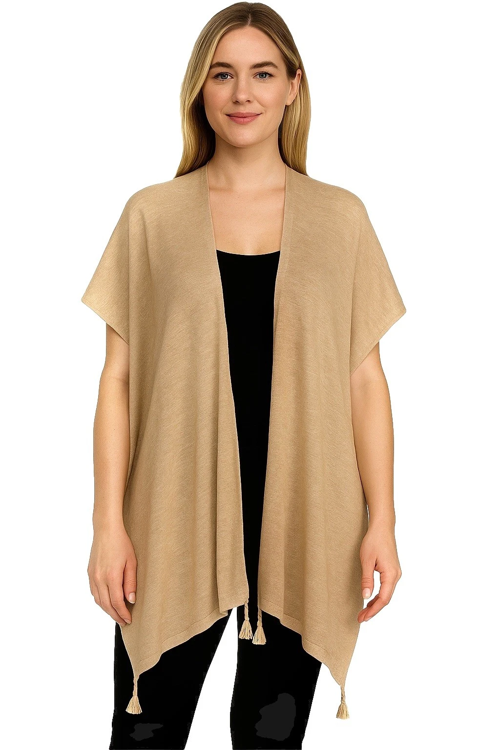 J Jill Women Kimono Sweater Sz OS Linen Poncho Tassels Cover Outerwear Boho Eco