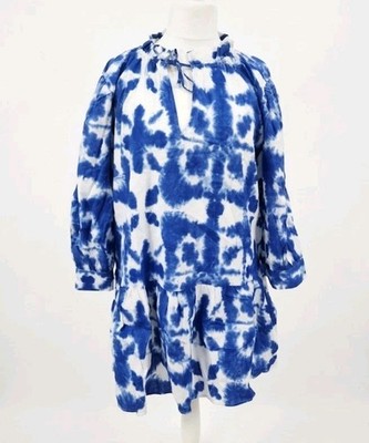 Trapez Kleid Batik Gr. XXL 52 Oversize Blau Weiß Minikleid Weit Langarm 
