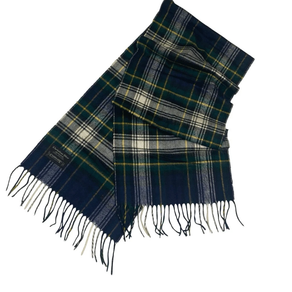 Christian Dior écharpe frangée bleu vert plaid cachemire acrylique 56”x11,5”