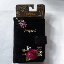 Passport Clase BlackVelour Embroidered Flowers Documents Folder