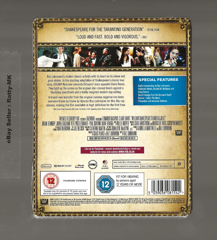 ROMEO + JULIET - UK EXCLUSIVE BLU RAY STEELBOOK - NEW & SEALED - Image 2 of 3