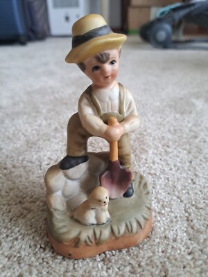 Vintage Ceramic Boy in Overalls & Yellow Hat w/Dog Figurine