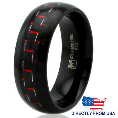 Black Stainless Steel Ring With Red Carbon Fiber Inlay – 8mm Width, Comfort Fit – Men's & Women's Band