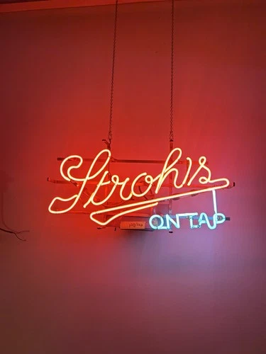 Vintage Stroh's Beer Neon Hanging Bar Light Sign 23" Everbrite 1988 Gas Tube Red