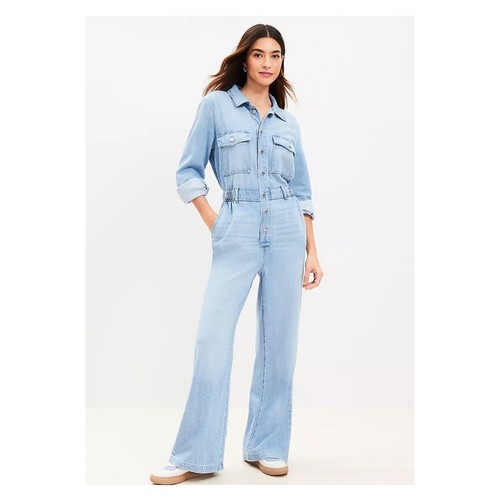 Loft Women's Denim Jumpsuit in Vintage Wash Size PS Flap Pockets Preppy Coastal