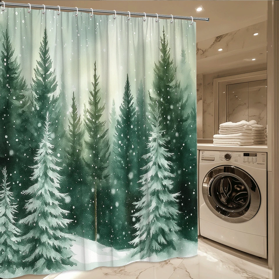 Bosque de pinos nevados invierno verde acuarela naturaleza bosque arte cortina de ducha Foto 3 de 4