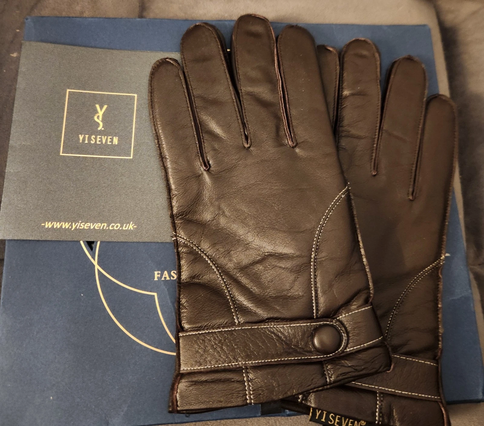 YISEVEN Leather Gloves Brown Men's Size 9.0 with button detail