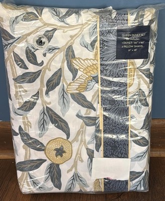 William Morris England Bird Pomegranate Leaf Floral Ochre Queen Duvet Set/3 ~New