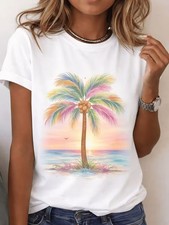 Womens Rainbow Palm Tree Graphic Tee Short Sl...