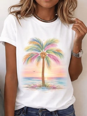 Women's Rainbow Palm Tree Graphic Tee Short Sleeve Beach Sunset Tropical Top