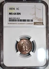 NGC MS-64 BN 1874 Indian Head Cent, Beautifully Toned, Cartwheeling specimen!