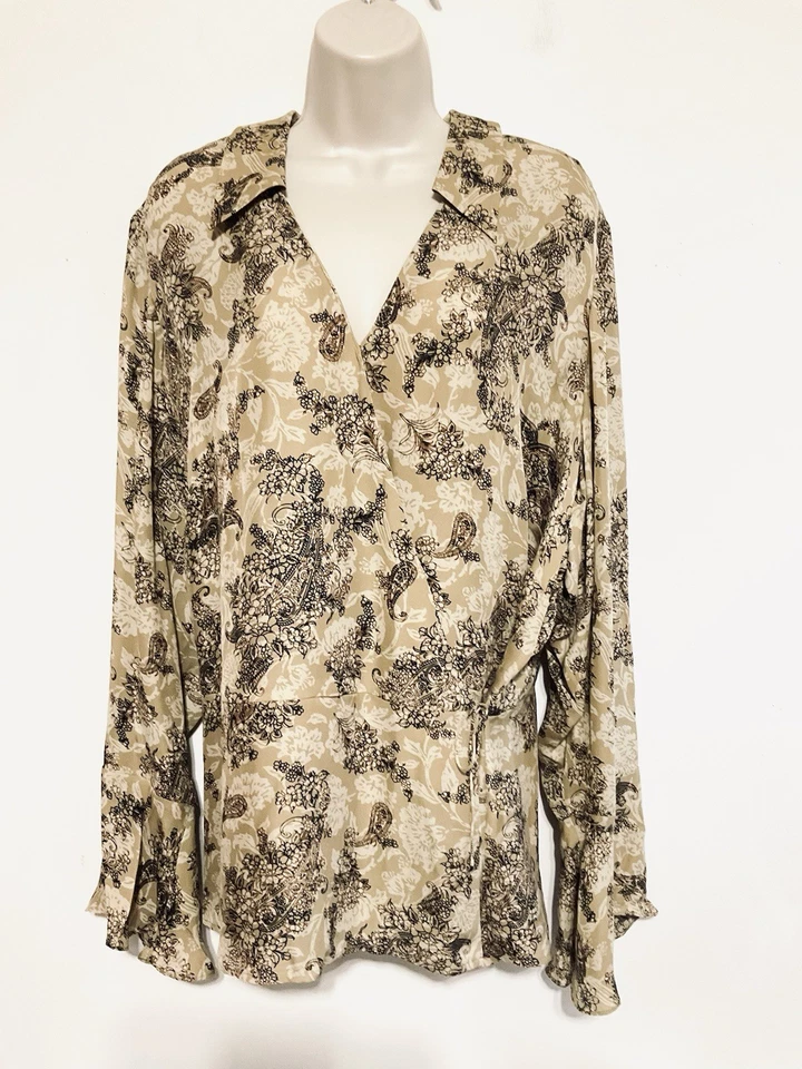 Blusa Venezia 22/24 Seda Tostado Negro Paisley Frontal Cruz Manga Larga Flutter Nueva Foto 2 de 4