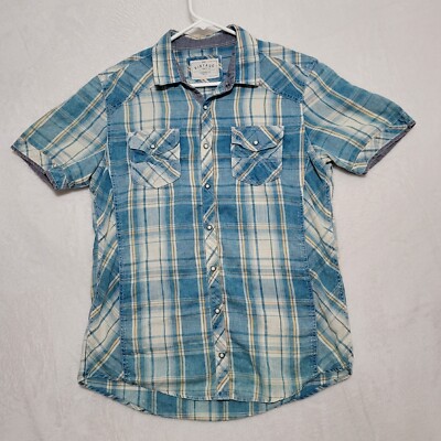 BKE Mens Pearl Snap Shirt Large Blue Plaid Western Rockabilly Vintage